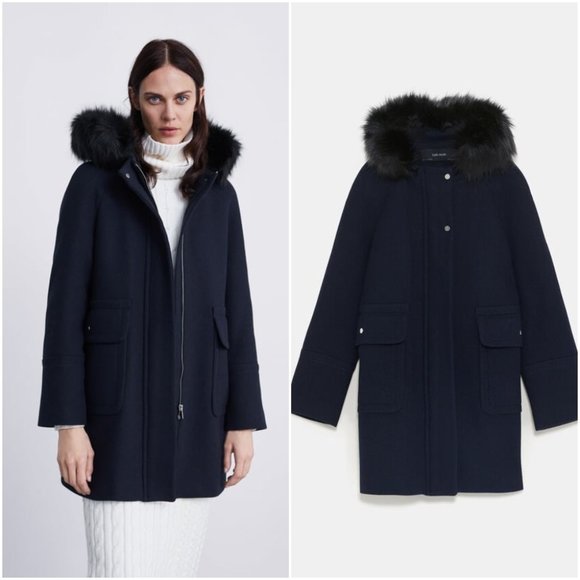 ZARA NAVY BLUE WOOL BLEND DETACHABLE FAUX FUR HOOD COAT WITH POCKETS $129 - Picture 6 of 14